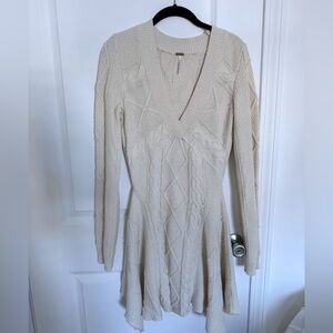 Free People Cream Long Sleeve Fit and Flare Sweater Dress